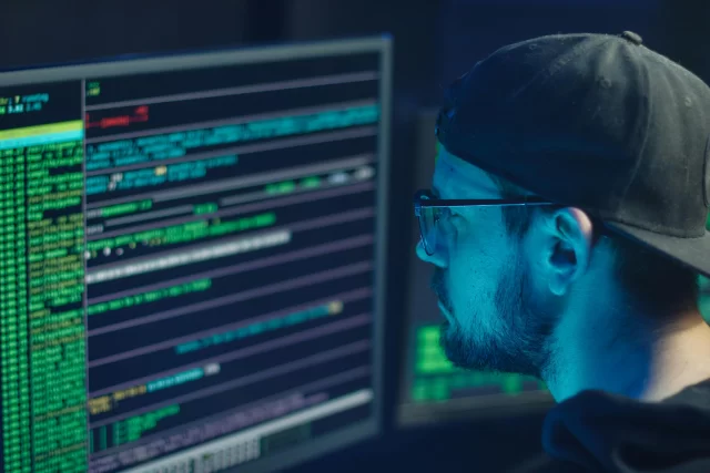 A focused software developer monitoring code on a screen, analyzing potential system vulnerabilities and Security Breaches.
