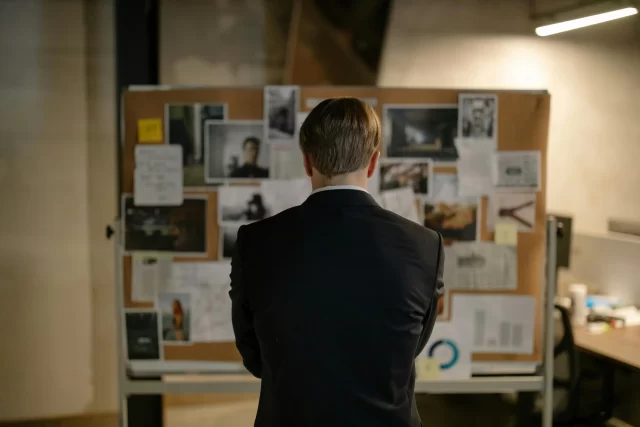 Man in a suit inspecting a corkboard filled with documents and potential PII during an investigation.