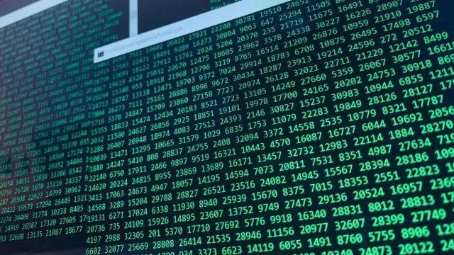 Green digital interface displaying random numerical data strings representing complex GDPR security monitoring.