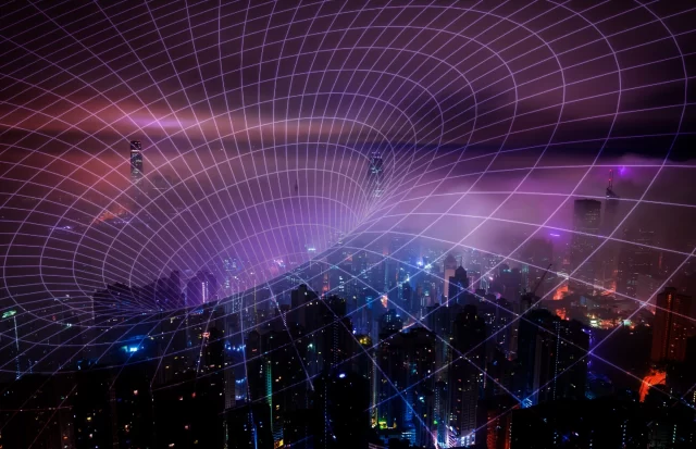 Digital cityscape with an overlaying grid representing secure Swiss cloud offerings.