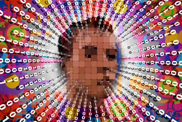 A human face synthesized from digital pixels and binary code, representing data strategies to comply with Swiss GDPR.