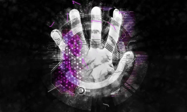 Futuristic digital hand scanner representing secure general data protection in Zürich.