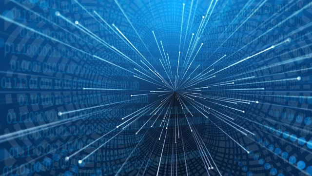 Abstract visualization of binary data streaming to represent digital security and GDPR Compliance in Switzerland.