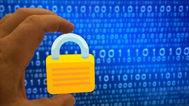 A hand holding a digital padlock over a background of binary code, representing a secure Swiss LastPass log in.