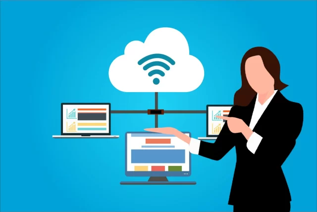 Business professional presenting a digital dashboard representing the cloud in Swiss cloud computing.
